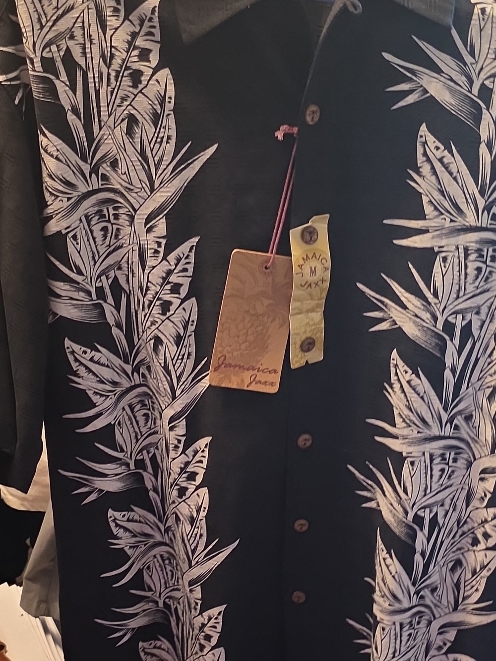 Jamaica Jaxx Black Button-Up Shirt with White Tropical Leaf Print